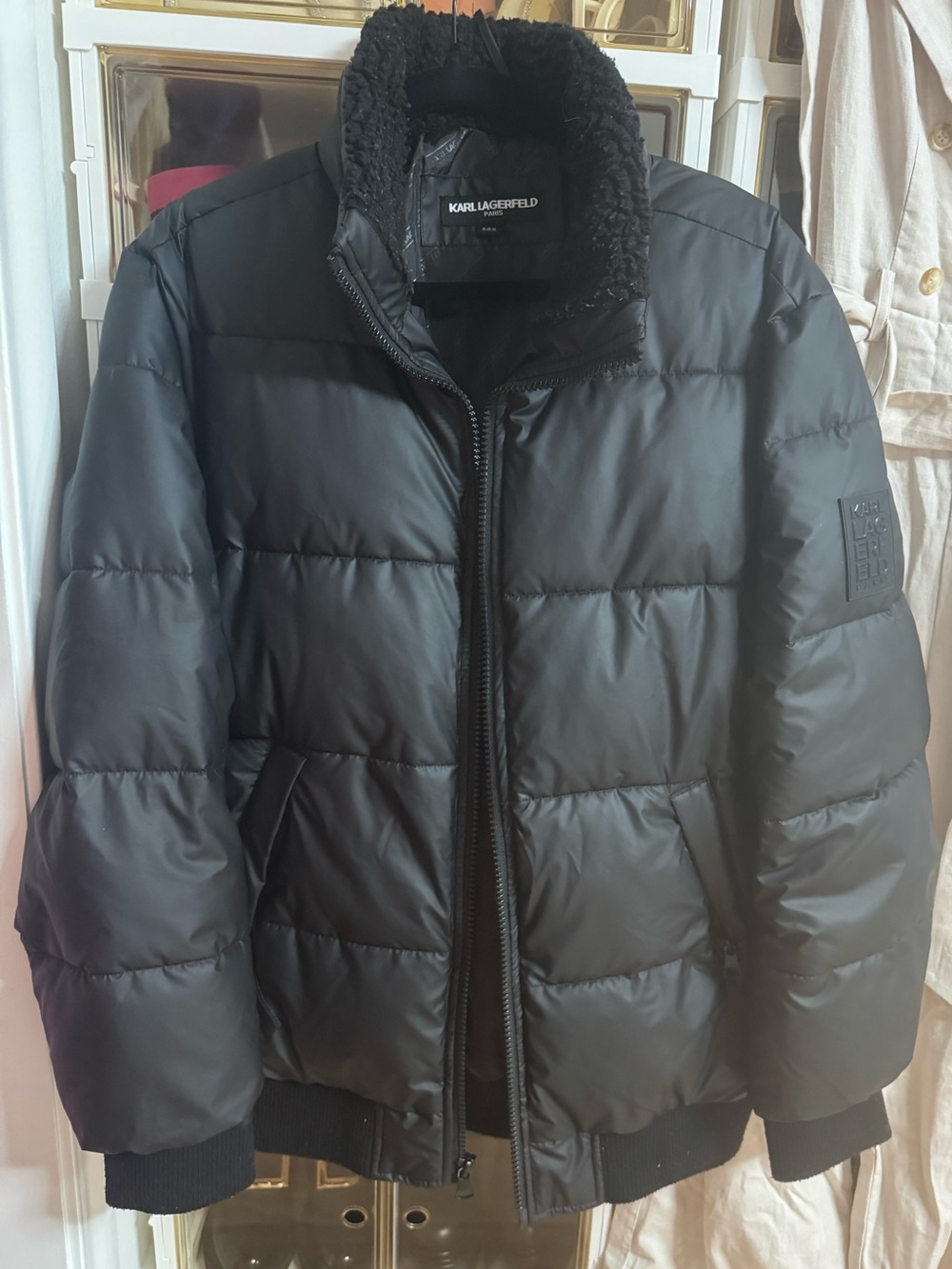 Karl Lagerfeld Black Quilted Sherpa-Collar Puffer Jacket